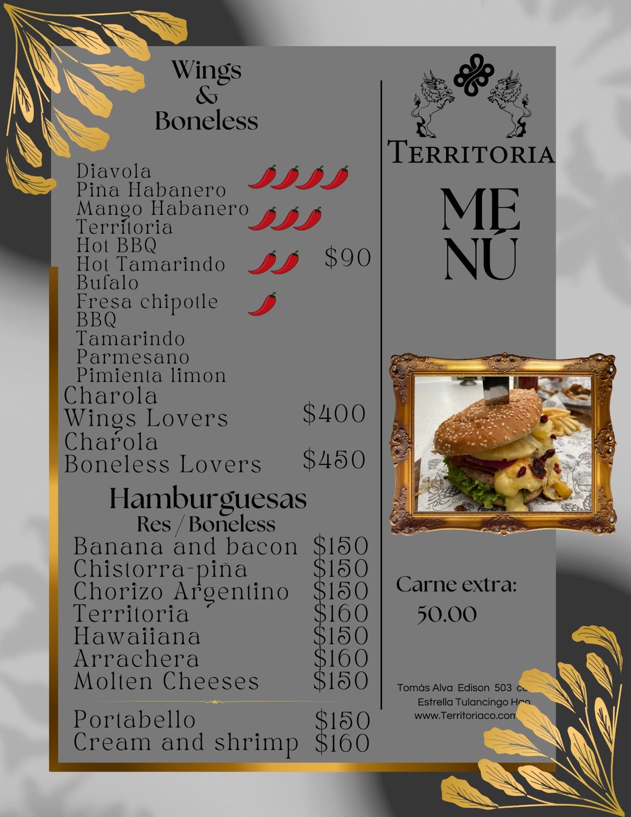 Wings, boneless y hamburguesas